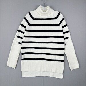 A New Day Striped Turtleneck‎ Sweater XS Off White Black Tunic Split Hem Raglan